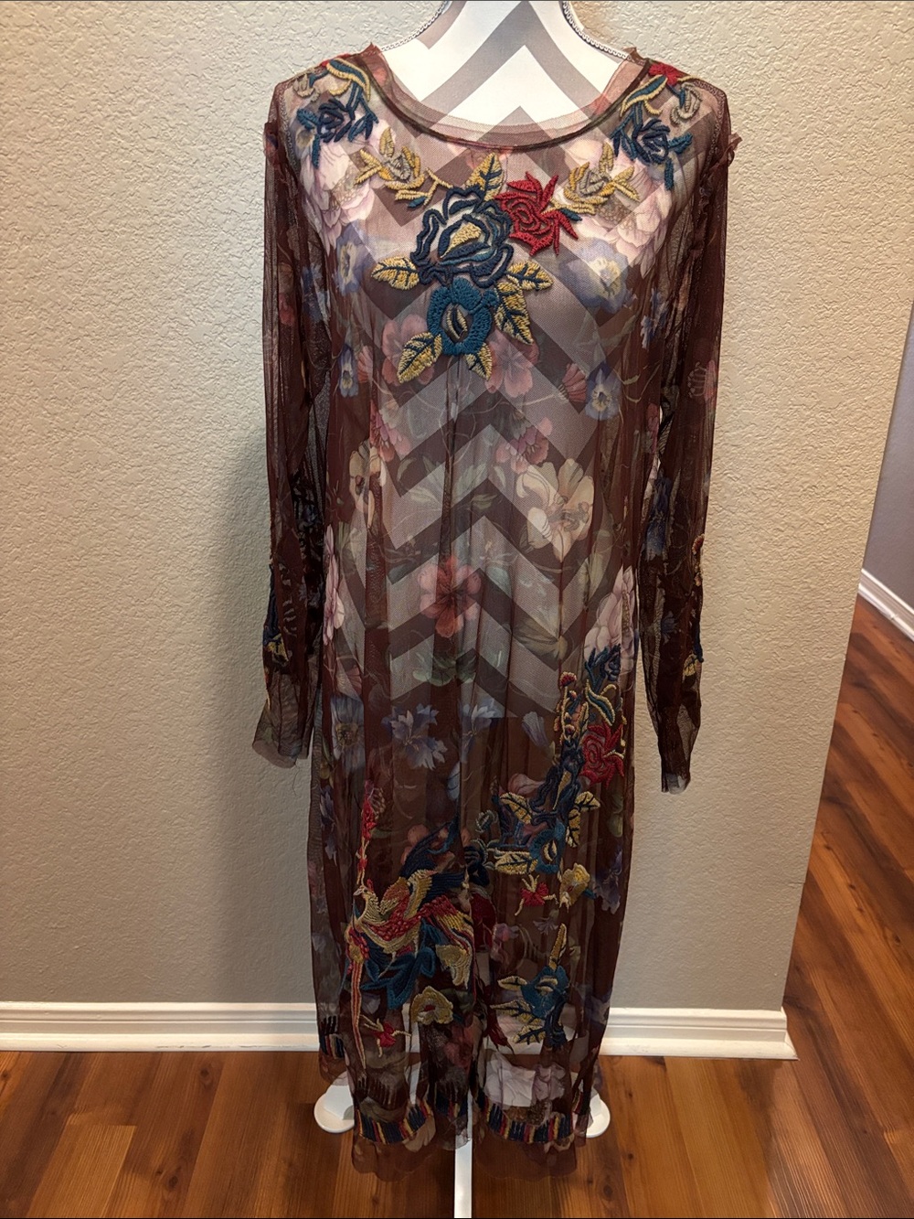 Johnny Was Brown Sheer Midi Dress with Multicolor Floral Embroidery